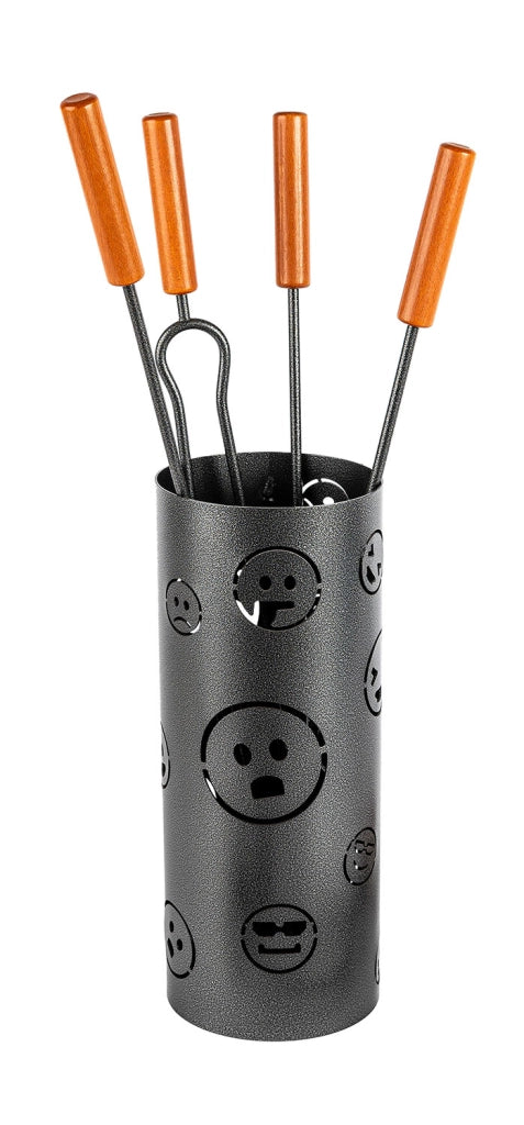 Trespolo per Attrezzi Camino Cilindrico Sagoma Faccine con Paletta Scopino Attizzino e Pinza Ø15,2x62 cm in Ferro