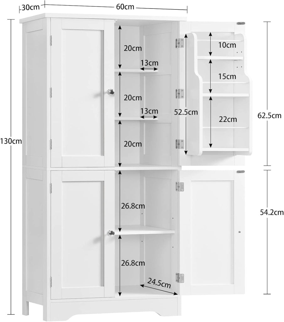 Mobile Dispensa Cucina larghezza 60 cm, Armadio 4 Ante altezza 130 cm con Ripiani Regolabili e Portaspezie Integrata, Credenza Alta per Cucina, Soggiorno, Bianco