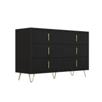Credenza con 6 cassetti, maniglie e gambe dorate, texture ondulata, 120x40x77 cm, Nero e Oro