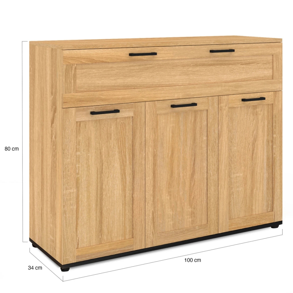 IDMarket - Aparador VITO con 3 puertas y 1 cajón, efecto haya, tiradores negros 100 cm