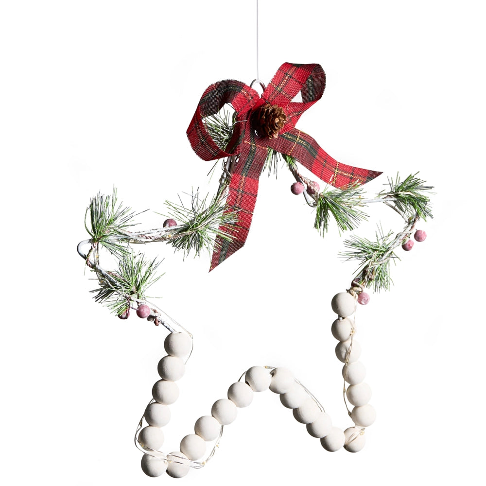 Set di 3 decorazioni natalizie in legno di abete bianco con luci LED a forma di stella da appendere, realizzate a mano in stile tradizionale
