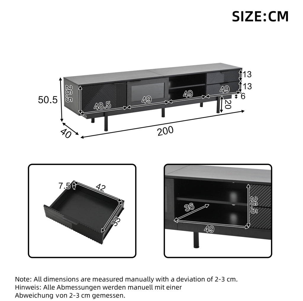 Mobile TV moderno 200x40x50;5 cm con 2 ante e 2 cassetti; nero