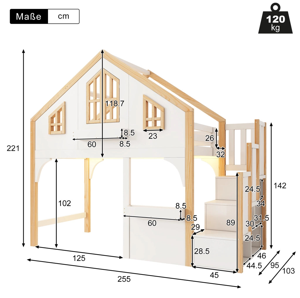 Letto a soppalco per bambini 90x200 cm con scala contenitore LED