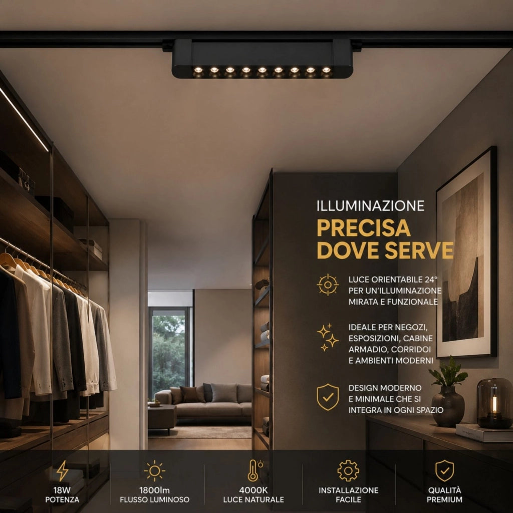 Faro Led Binario Monofase, Nero Lineare 34cm 18W 1800lm 24° Orientabile, Disponibili 3000K 4000K (Bianco Neutro 4000K)
