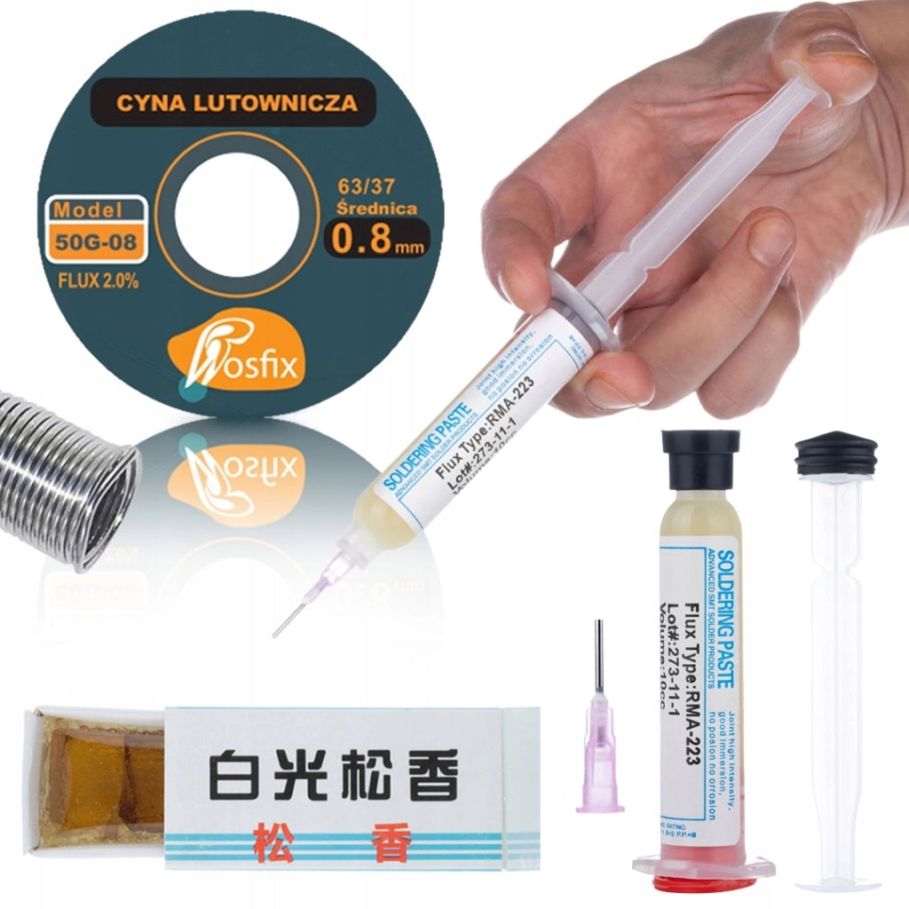 Set Saldatura Rosfix MicroFlux 3 in 1 – Stagno Sn63Pb37 0,8 mm 50g, Flux RMA-223, Colofonia 15g | Elettronica, SMD, PCB