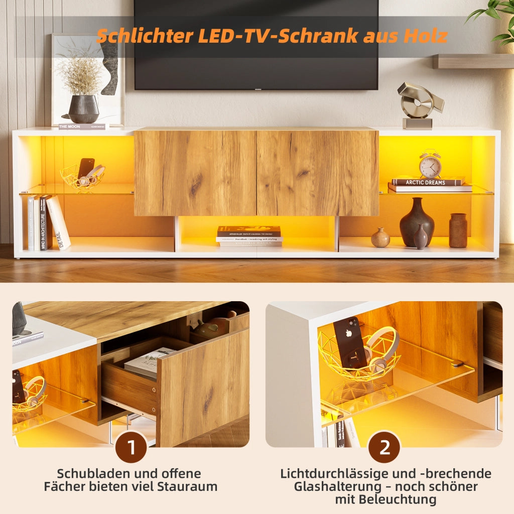 Mobile porta TV a 3 livelli con LED, 2 cassetti e ripiano in vetro in truciolare bianco e legno 160 × 40 × 42 cm