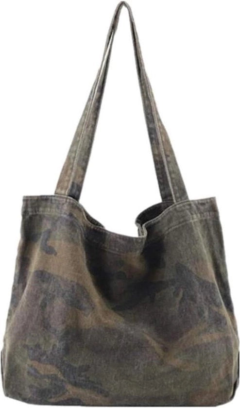 Borsa da Spalla in Canapa Vintage Camuffata a Tela - Verde - Borsa per la Spesa