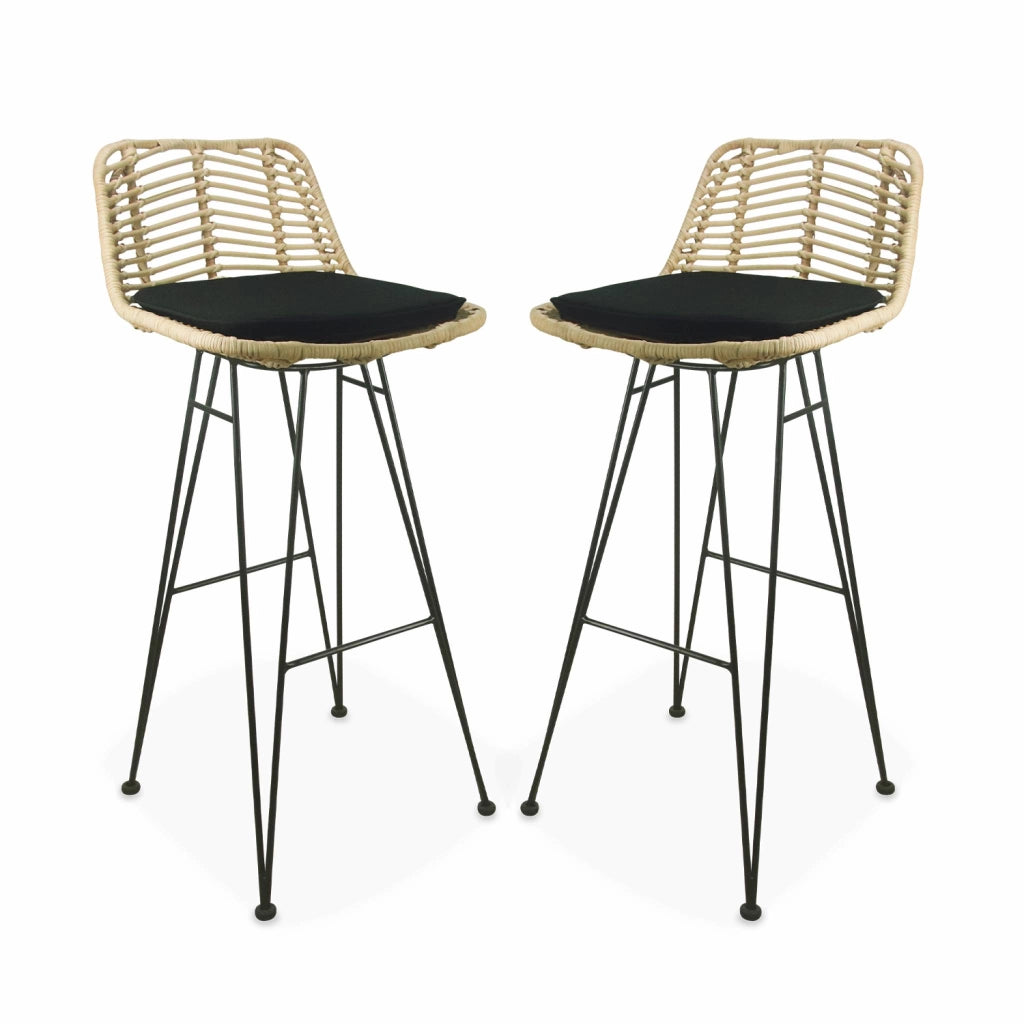 Set di 2 sgabelli da bar in metallo e rattan, nero