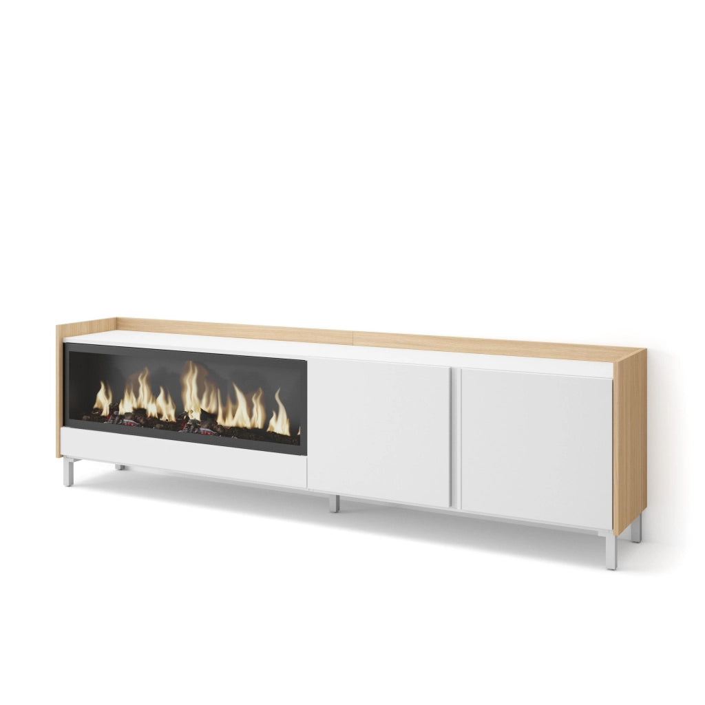 Mobile TV Soggiorno, 212x61x35 cm, Per TV fino a 80", Camino elettrico XXL, Design industriale, Bianco e Rovere soft
