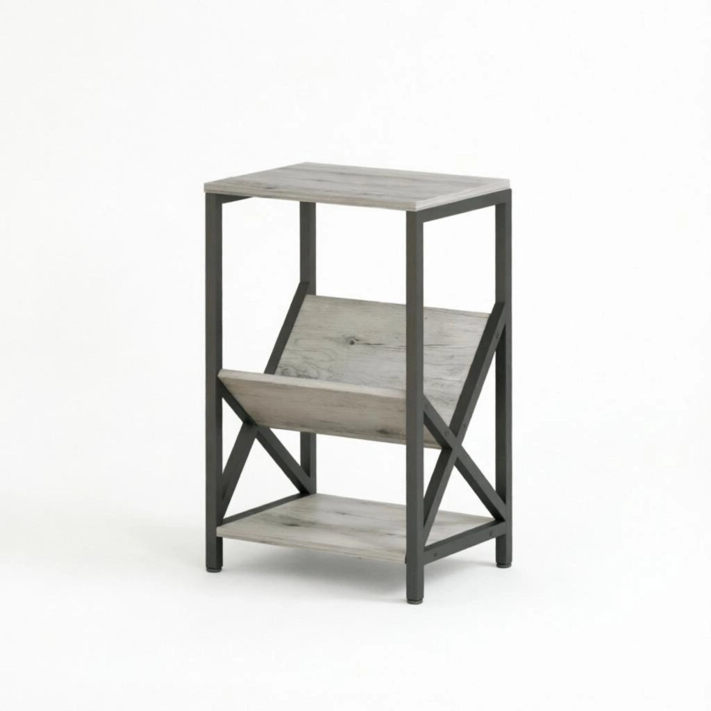 Consolle stretta con organizer a V e ripiano inferiore in legno grigio scuro e acciaio 40 × 30 × 61 cm