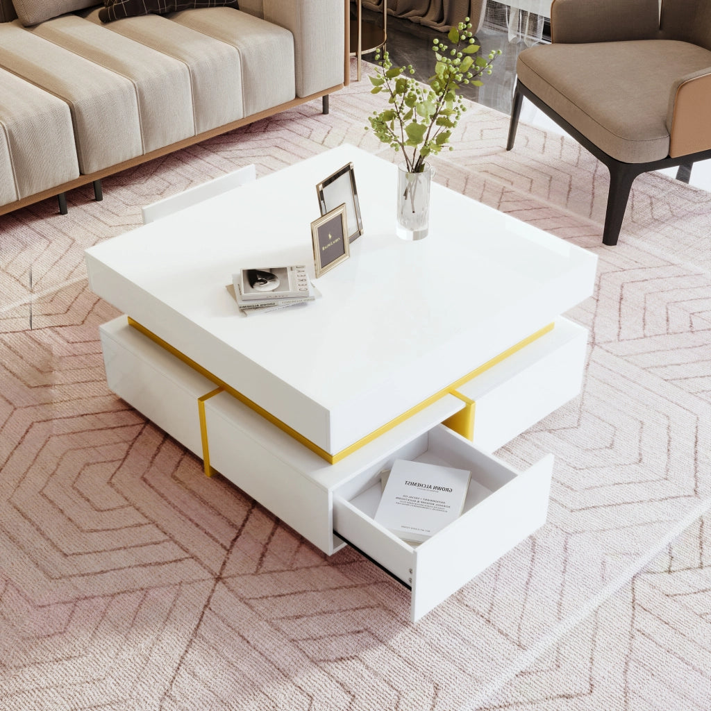 Tavolino da salotto 70x70x35.5 cm; piano lucido con due cassetti; truciolare bianco