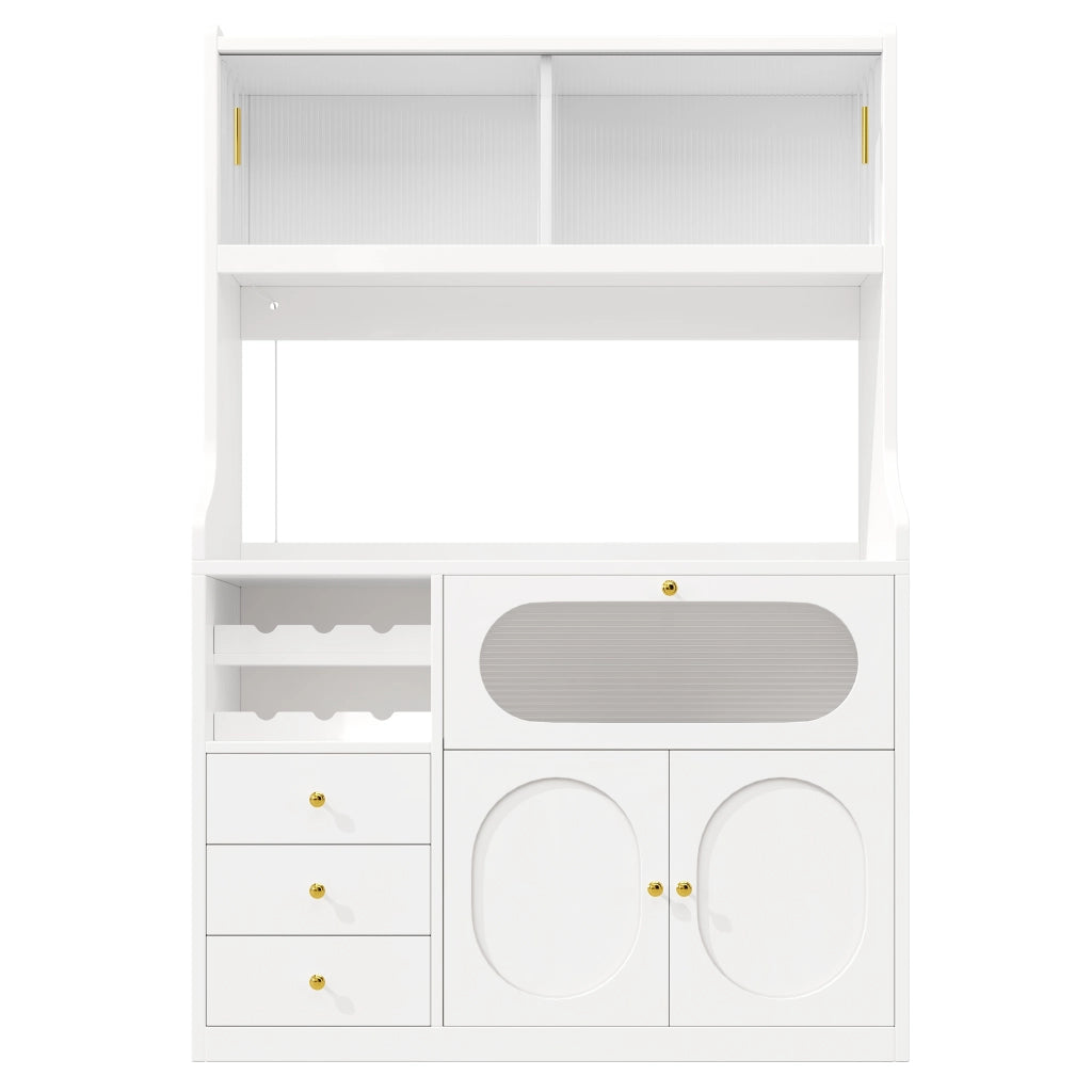 Credenza alta da cucina LED con 2 ante scorrevoli in vetro; 3 cassetti e ripiani regolabili; bianco; 120 × 40 × 180 cm