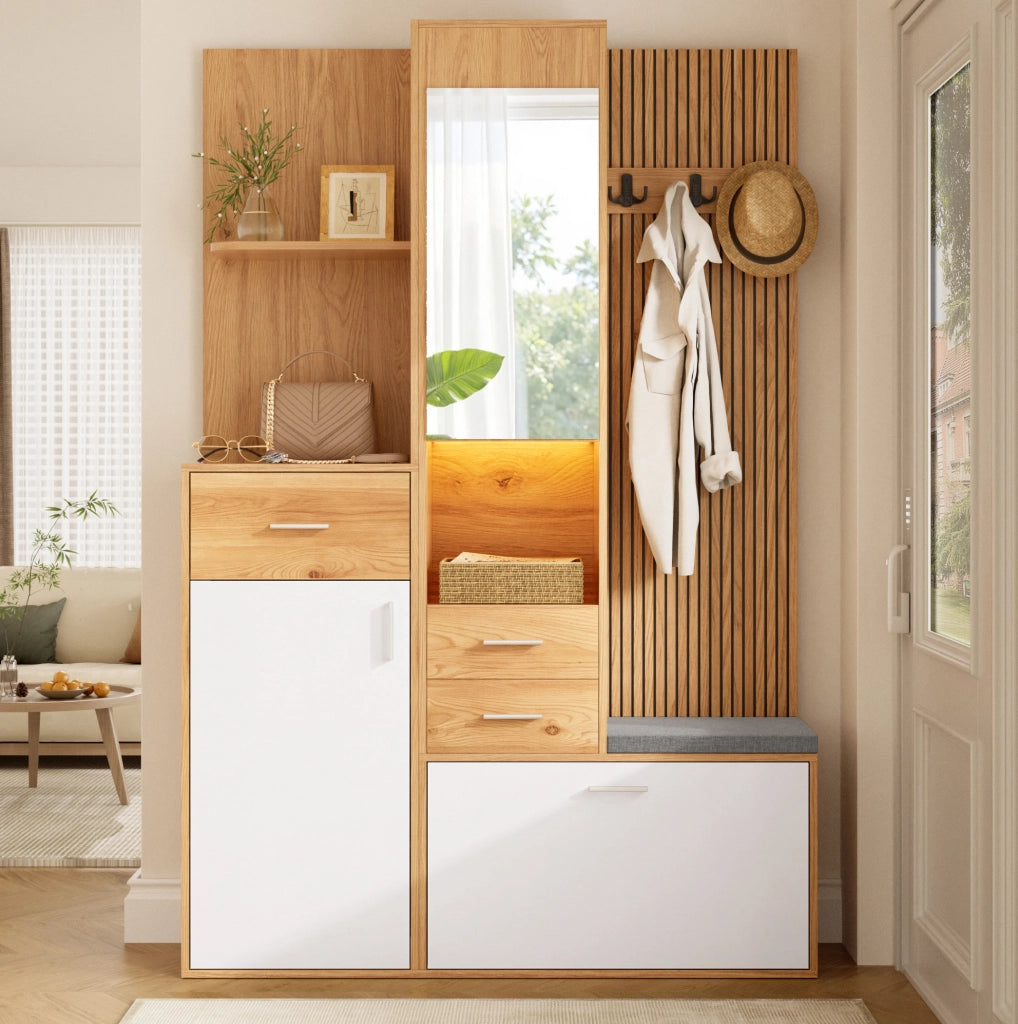Mobile da ingresso 120x32x178 cm bianco e naturale con specchio， panca e LED