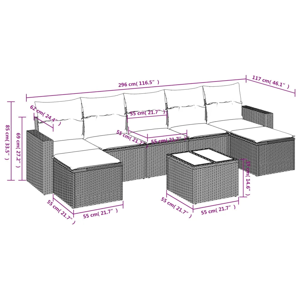 Set Divano da Giardino 8pz con Cuscini Grigio Chiaro Polyrattan