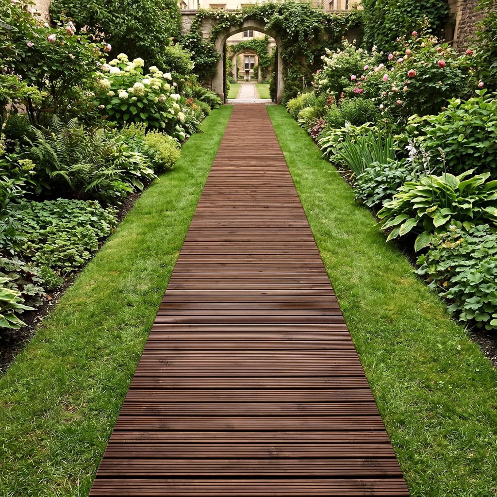Sentiero da Giardino in Legno, Passerella Decorativa da Esterno, Superficie Antiscivolo, Collegamento con Fili Metallici, Sentiero Arrotolabile per Cortile e Spiaggia, 367 x 55 cm (Marrone)
