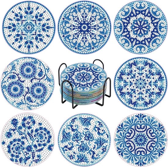 Pannelli di supporto 5D con disegni a diamanti - Mandala blu - 8 pezzi - Antiscivolo - Base in gomma