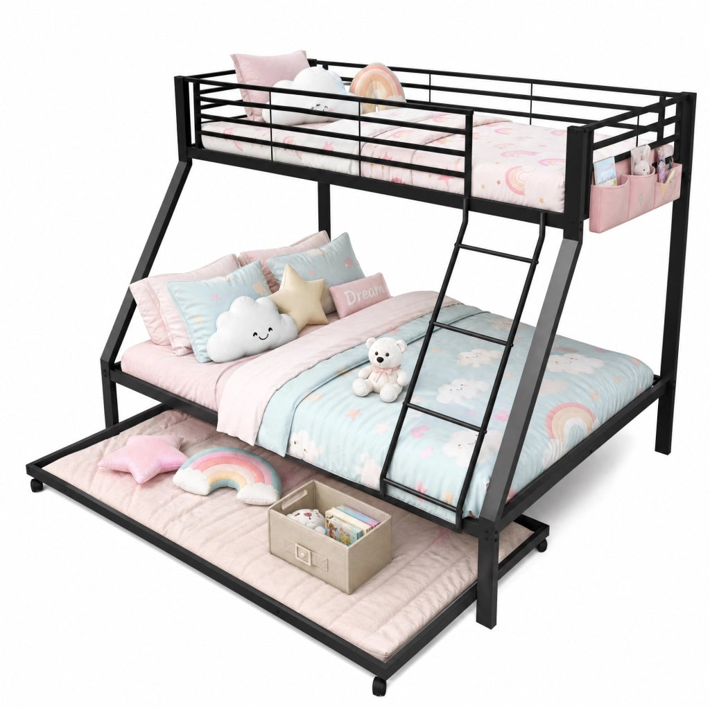 Letto a castello in metallo 3 posti con letto estraibile nero