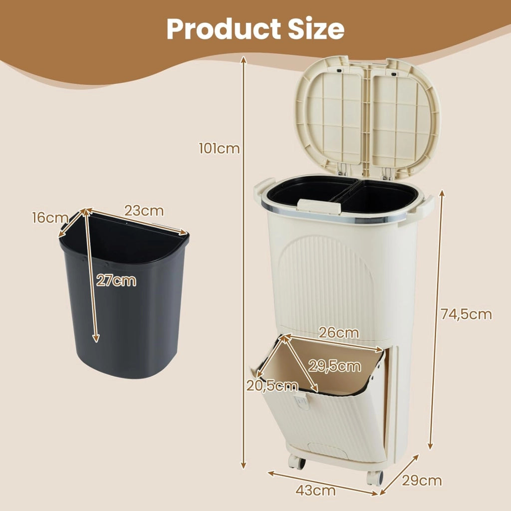 Bidone per Spazzatura Interno 38 L, Pattumiera da Cucina Differenziata a 3 Scomparti con Ruote e Maniglie, Secchio dei Rifiuti in PP on Coperchi a Pressione e Pedale (Beige)