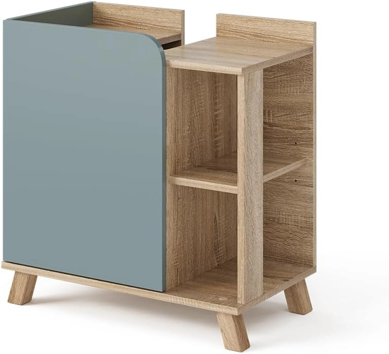 Mobiletto per lavabo Karen, Sonoma/blu, 60 x 65 cm con porta e vani aperti, con ritaglio per sifone per il montaggio sotto il lavabo