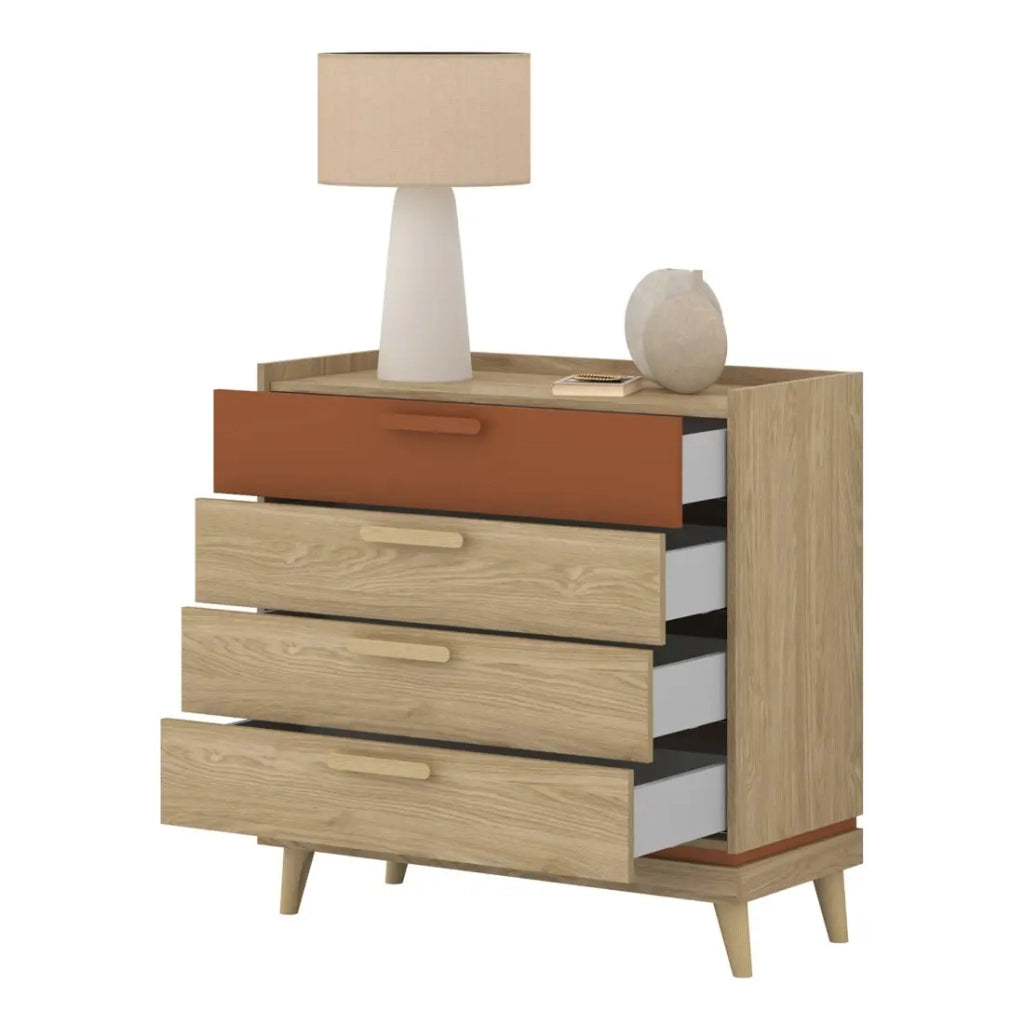 Set camera da letto NOKI - Letto 180x200 + armadio 3 ante + cassettiera + 2 comodini - Rovere chiaro e moka stile scandinavo