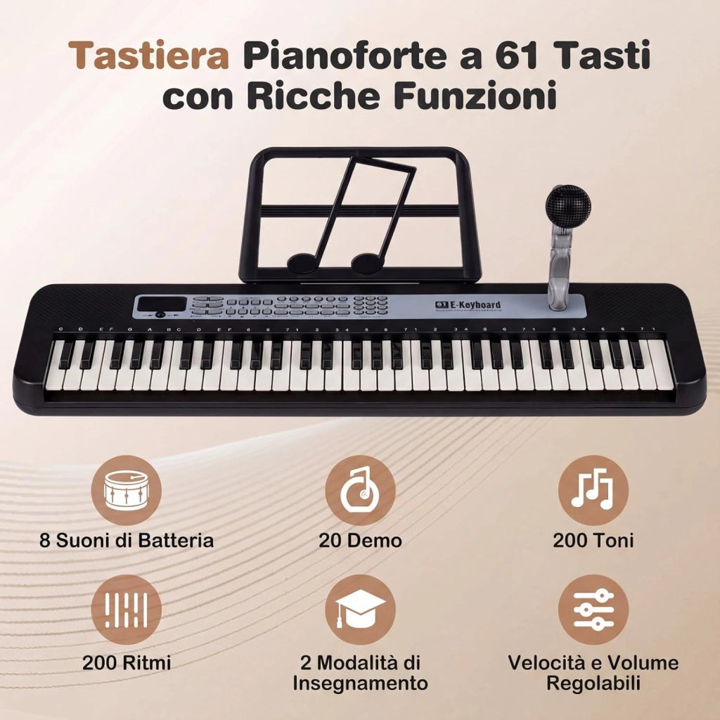 Tastiera Pianoforte Elettrica a 61 Tasti, Giocattolo Musicale da Interno con Supporto Regolabile, Microfono e Leggio, Strumento Digitale Educativo per Bambini e Bambini 3+ Anni (Nero)