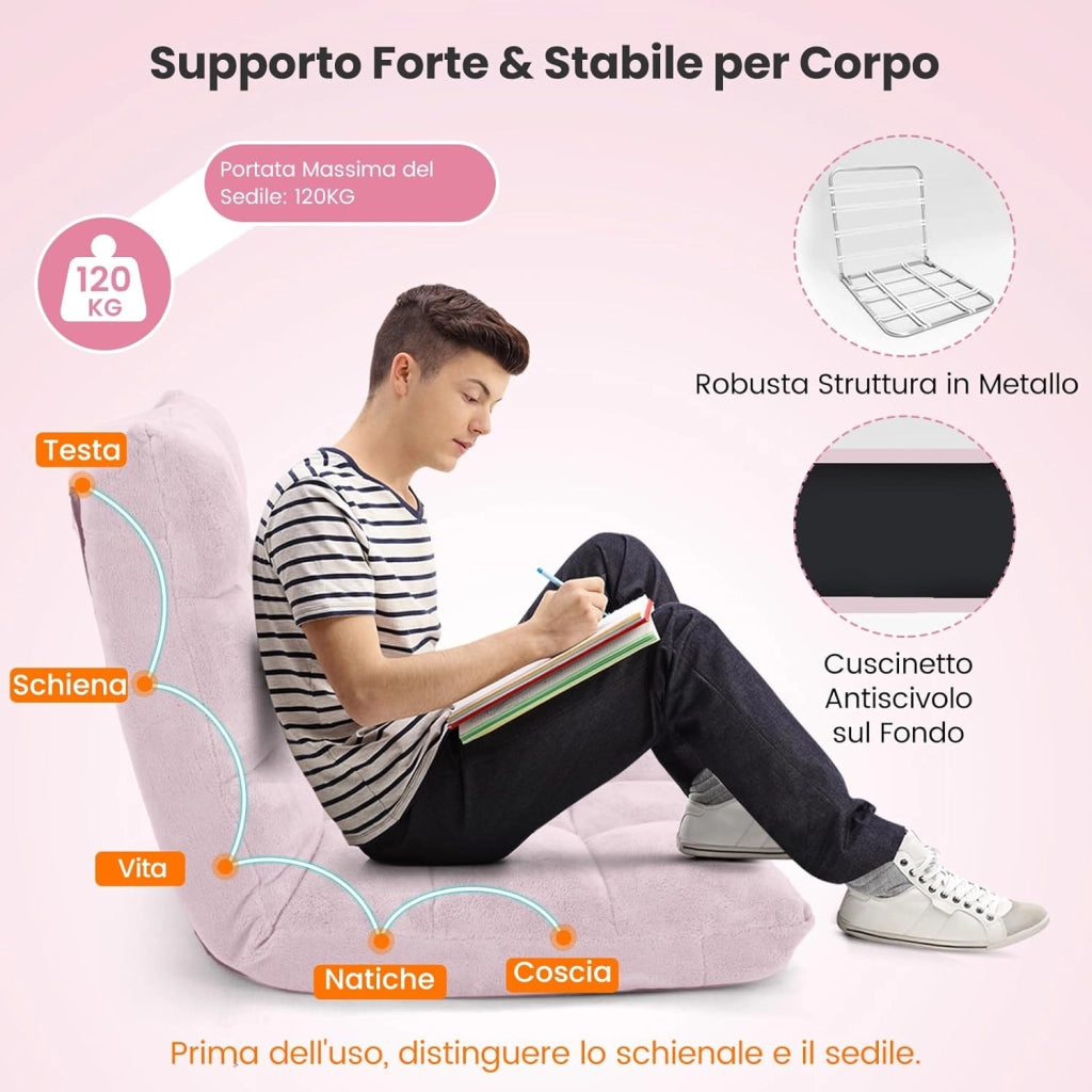 Sedia da Pavimento, Poltrona Imbottita Regolabile in 14 Posizioni 90°-180°, Cuscino da Terra Pighevole Imbottito, Sedia Reclinabile per Relax, Yoga, Lettura (Rosa chiara)