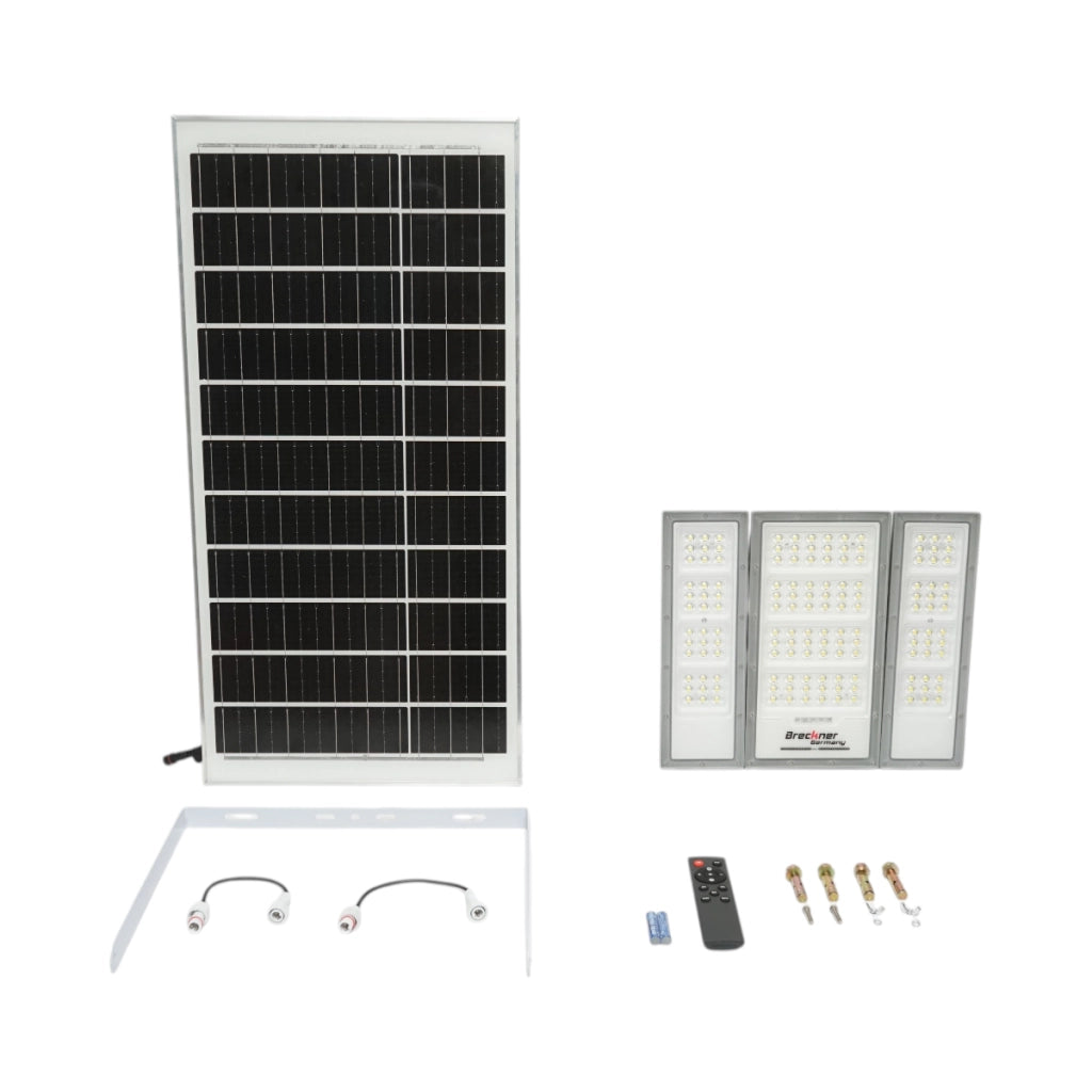 Lampada LED da 2400 lm, 6500 K con pannello solare da 40 W, batteria LifePO4 da 3,2 V/30 Ah, sensore di movimento e telecomando IP66. Breckner Germany
