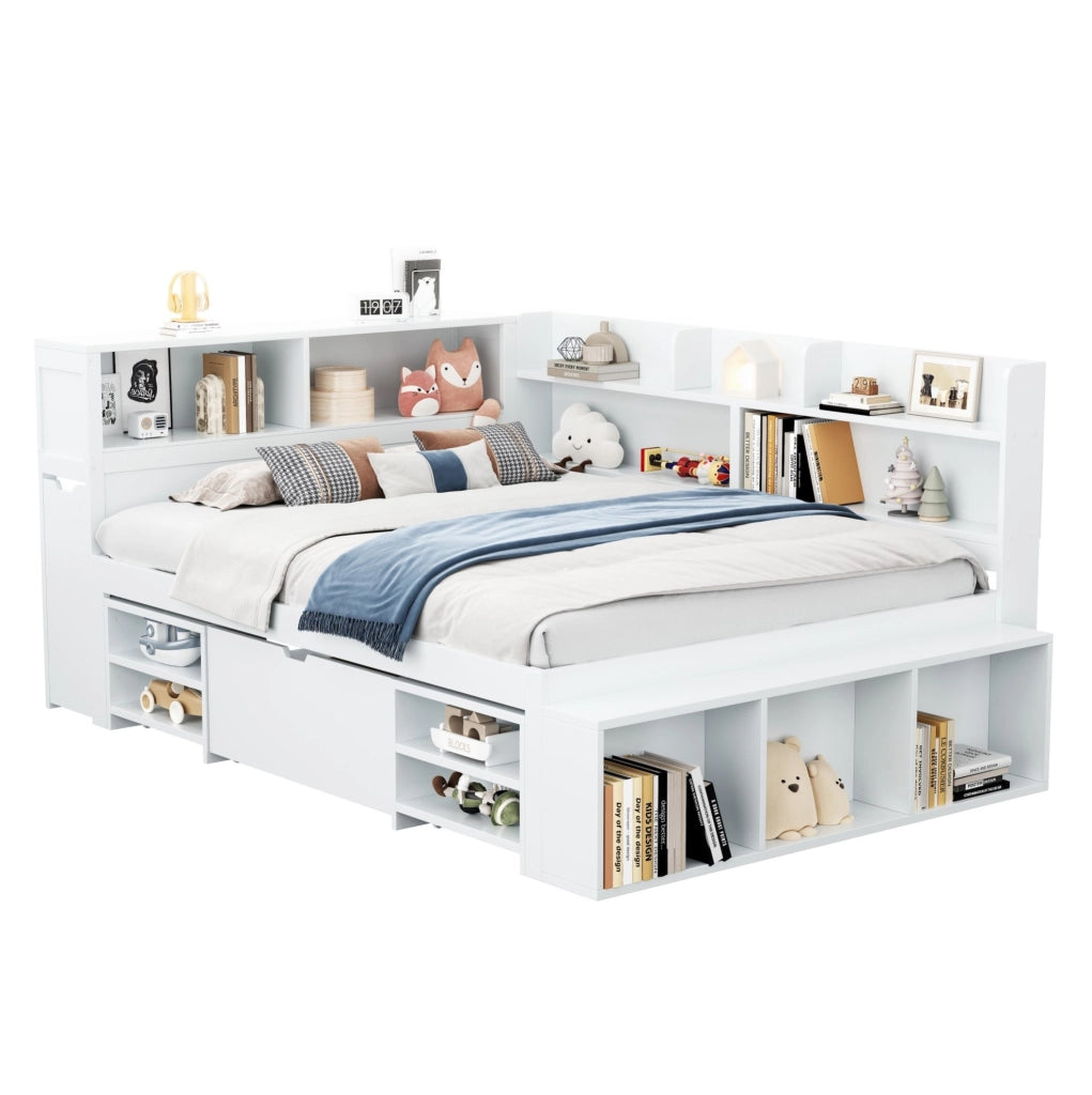 Letto per bambini 140x190 cm con cassetti e ripiani in compensato; bianco