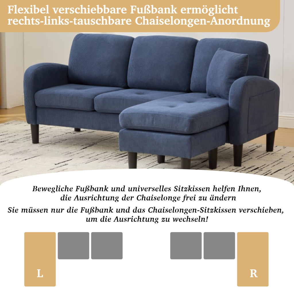 DIVANO angolare modulare 166x118x77 cm in cord Blu con chaise longue