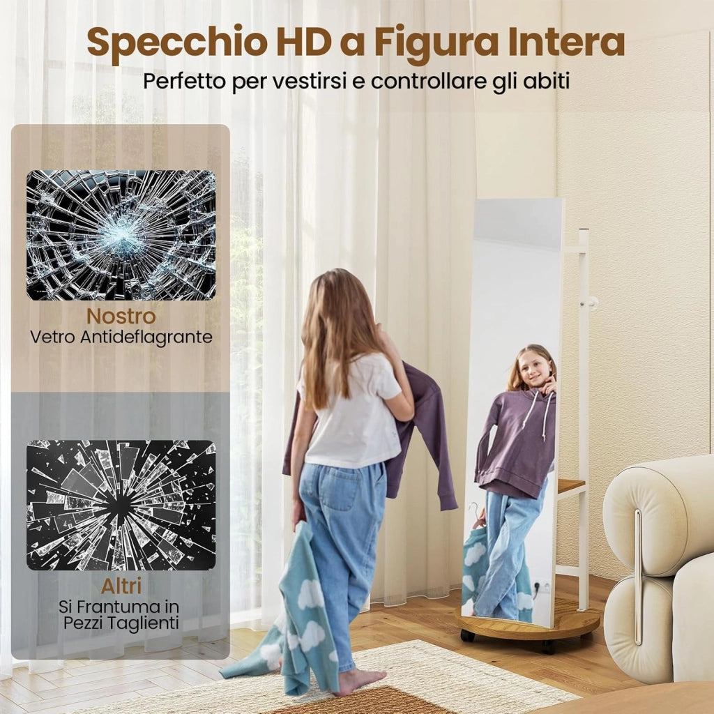 Appendiabiti con Specchio a Figura Intera, Appendiabiti Autoportante con 3 Ganci e Ripiani per Stoccaggio, Specchio da Terra con Ruote per Camera da Letto e Ingresso (Naturale)