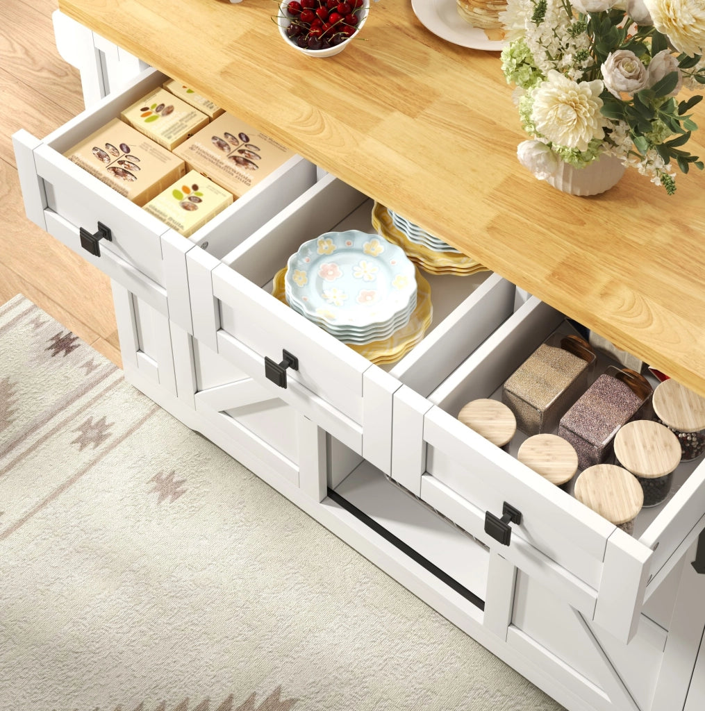 Isola cucina mobile in MDF con piano pieghevole, prese USB, cassetti e ripiani