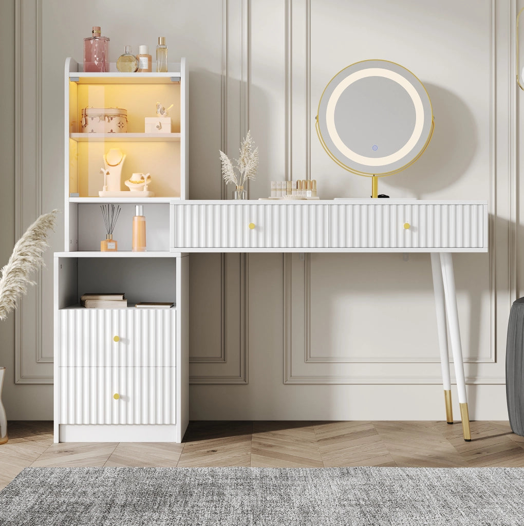 Toeletta trucco 100x40x125 cm con specchio LED e 4 cassetti bianca HOMVRA