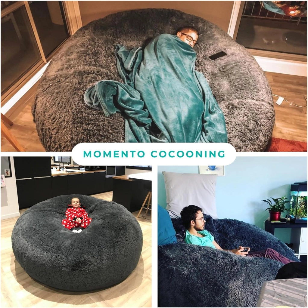 Pouf Poltrona a Sacco Gigante in Pelliccia Sintetica - Ultra Morbido e Confortevole - Fodera Lavabile - Imbottitura in Schiuma, Qualità Premium - Bean Bag XXL (140 cm, Grigio)