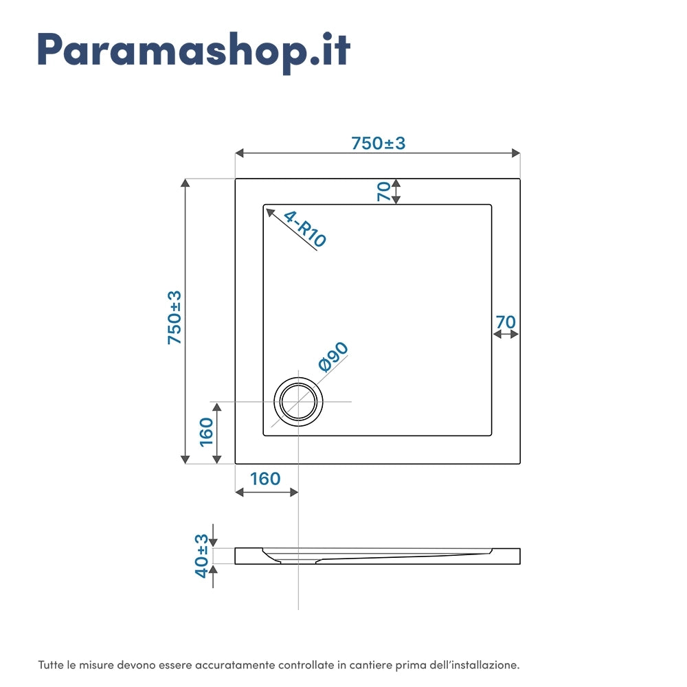 Piatto doccia 75x75 cm quadrato bianco lucido bordato in acrilico rinforzato | Asteios