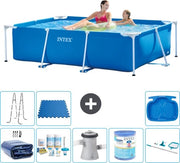 Piscina Reclinabile a Forma Rettilinea - 220 x 150 x 60 cm - Blu - Inclusa Tenda Solare - Kit Manutenzione - Pompone di Filtro - Filtro - Kit Pulizia - Scalone - Bagnetto per i Piedi - Paviamento in Pietra