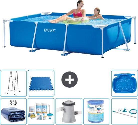 Piscina Reclinabile a Forma Rettilinea - 220 x 150 x 60 cm - Blu - Inclusa Tenda Solare - Kit Manutenzione - Pompone di Filtro - Filtro - Kit Pulizia - Scalone - Bagnetto per i Piedi - Paviamento in Pietra