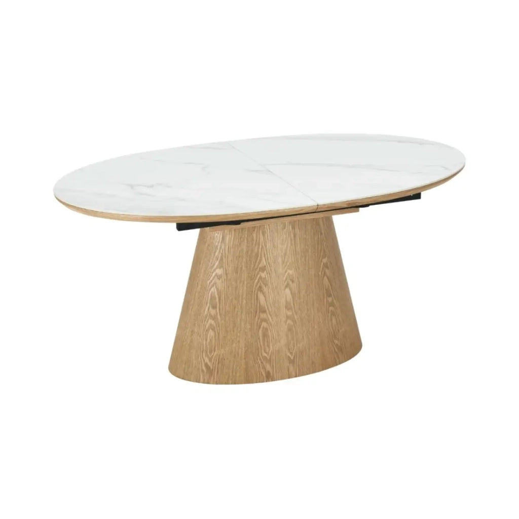Table LUMEA – Effetto marmo bianco ceramico e legno – 160-200 cm – Estensibile – Forma ovale