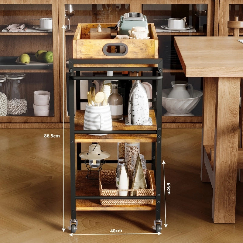Carrello da cucina con vassoio rimovibile, marrone, stile vintage/retrò/loft, su ruote, 86 cm