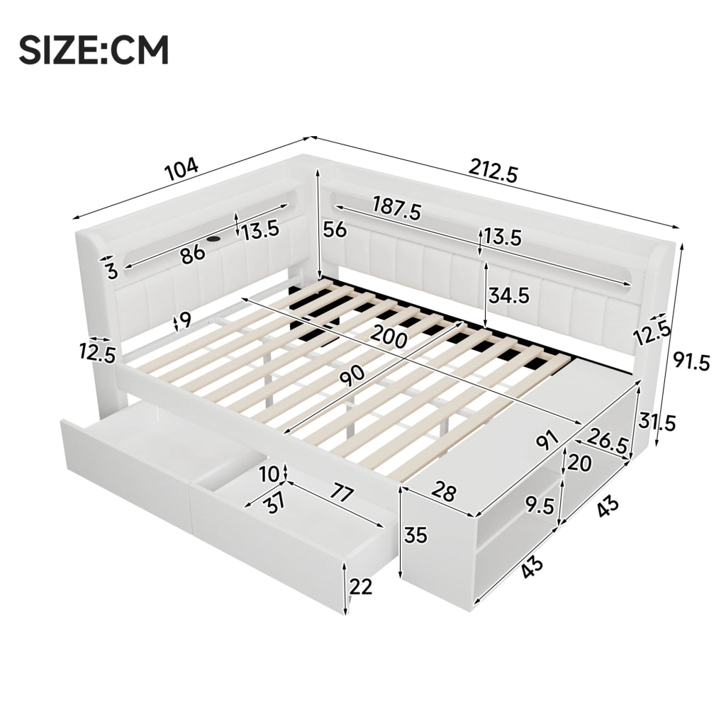 Letto singolo imbottito 90x200 cm con LED, USB e cassetti