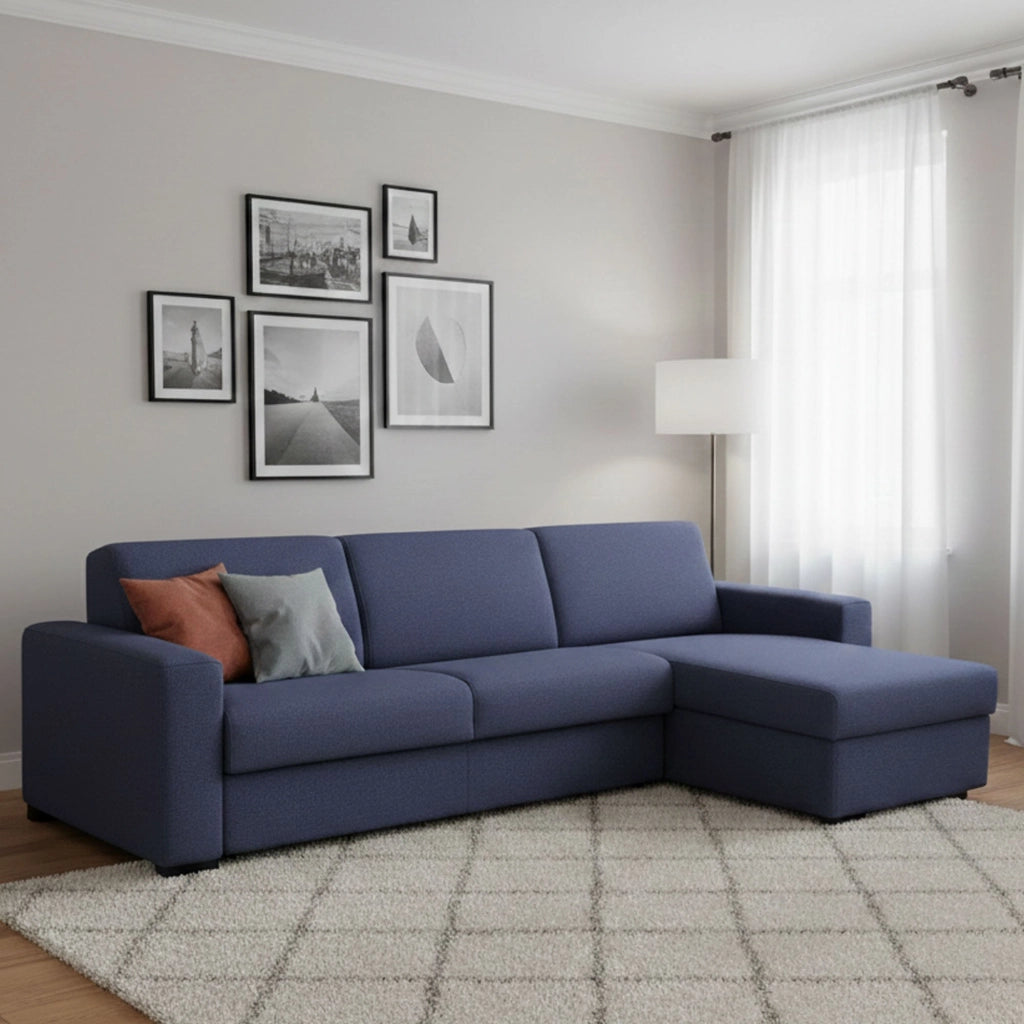 Divano Letto Aika, Divano ad angolo, Made in Italy, SofÒ  con apertura girevole, con Penisola contenitore reversibile, con Braccioli standard, cm 280x95h90, Blu