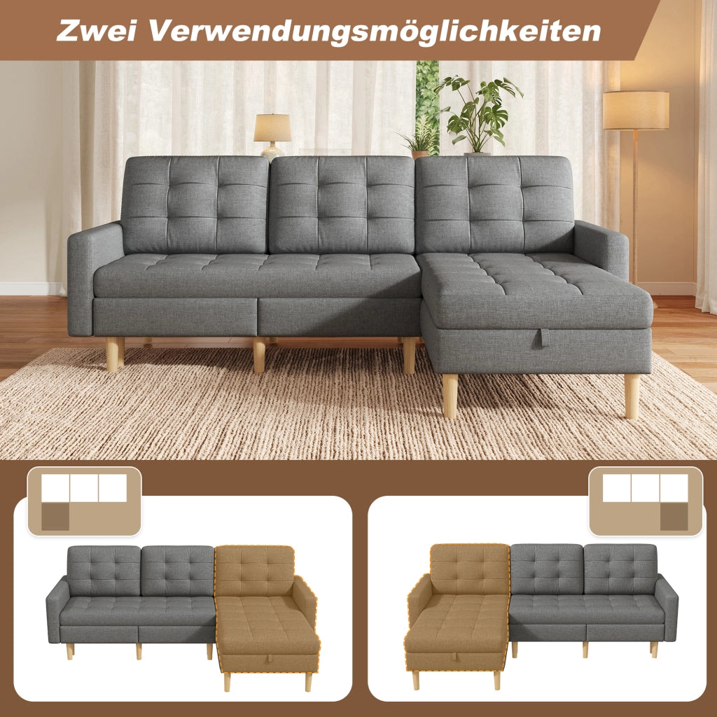 Divano angolare reversibile con chaise longue e doppio vano contenitore in tessuto grigio 212 × 130 × 86 cm