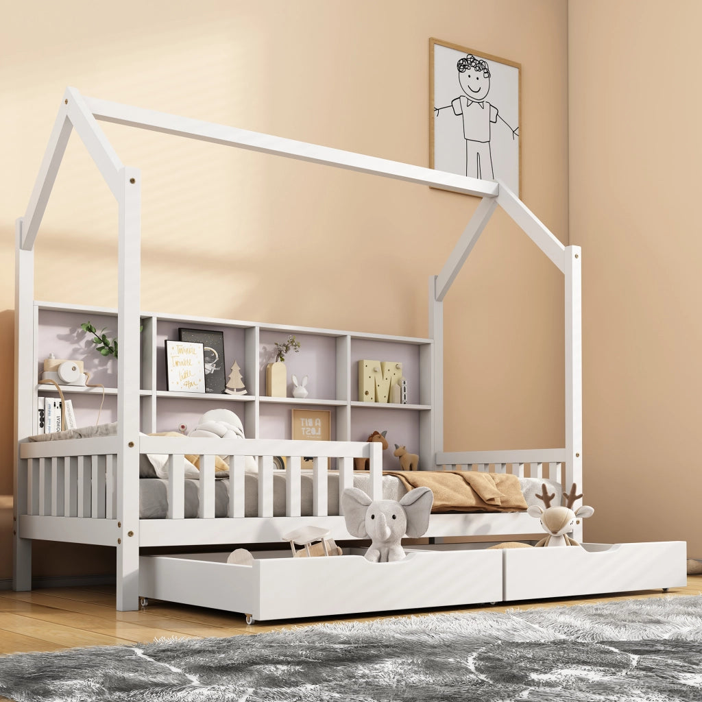 OKWISH Letto a Casetta 90×200 cm, Letto Singolo con Mensole e 2 Cassetti, Sponda, senza Materasso, in Legno Massello, Bianco