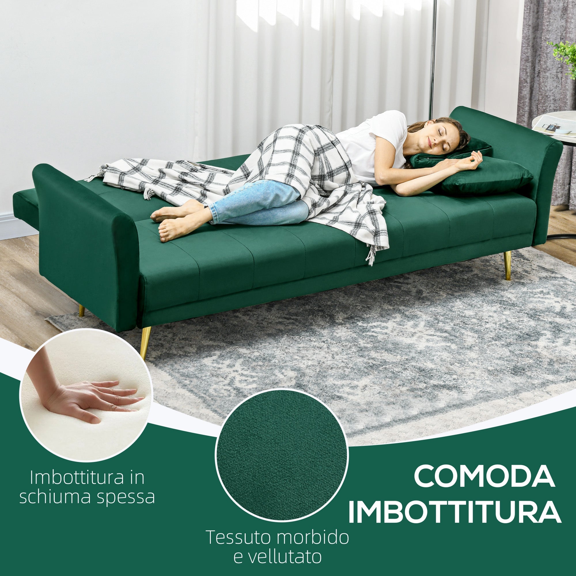 Divano Letto Singolo Clic Clac con Schienale Regolabile 215x83x87 cm in Tessuto Effetto Velluto con 2 Cuscini Verde