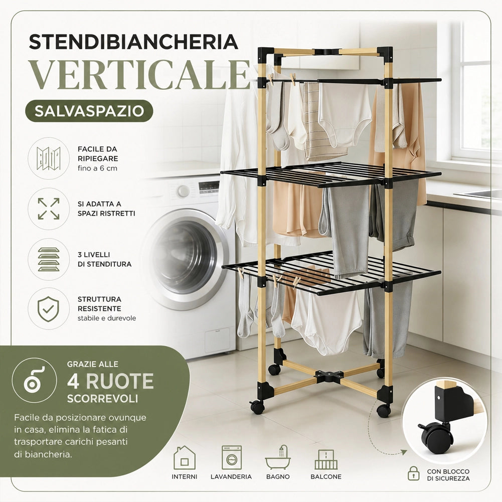 Stendibiancheria a Torre Verticale Pieghevole a 3 Livelli 69x136x69cm con Ruote