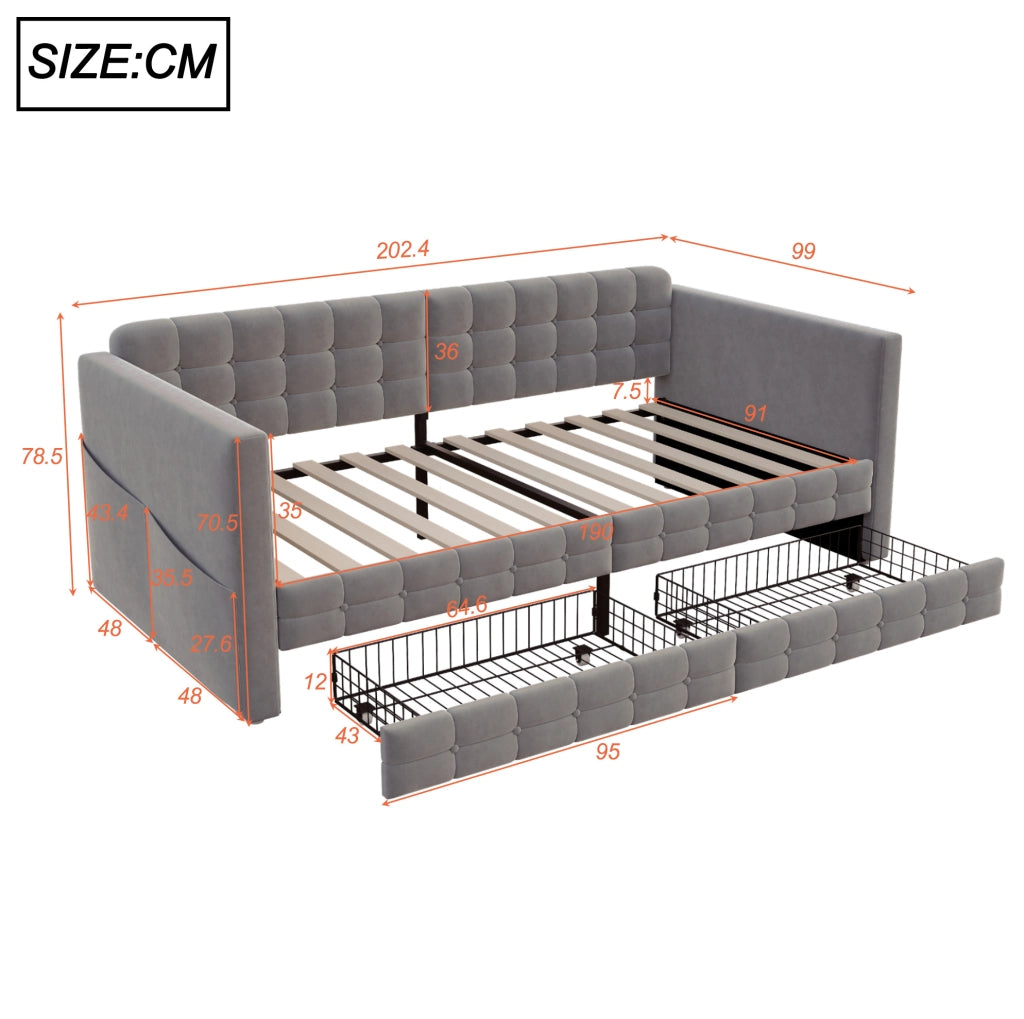Letto imbottito 90x190 cm con 2 cassetti e tasche laterali in velluto grigio