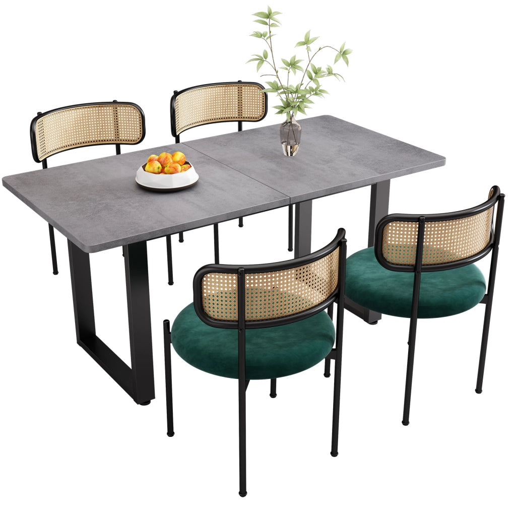 Set da pranzo 5 pezzi con 4 sedie in velluto e tavolo rettangolare; nero e grigio; stile industriale