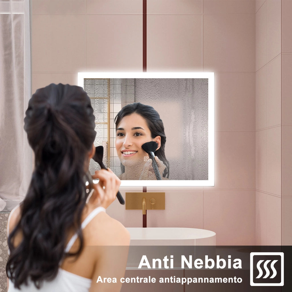 AICA Specchio da bagno  90 x 70 cm, dimmerabile, Funzione Memoria, antiappannamento, 3 colori