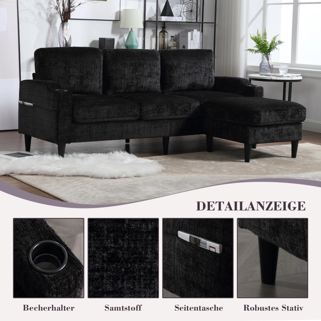 OKWISH Divano Modulare 4 Posti con Pouf Contenitore, Portabicchieri e Tasche Laterali, Ciniglia Nero