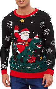 Maglia di Natale uomo divertente con motivi di dino e Babbo Natale in punto, maglia di Natale uomo grande con maniche lunghe, ideale come maglia di Natale orribile per l'inverno.