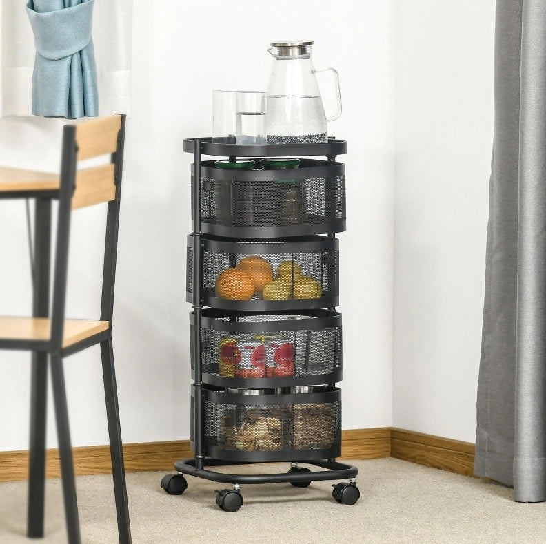 Carrello portaoggetti nero a 4 livelli con ruote
